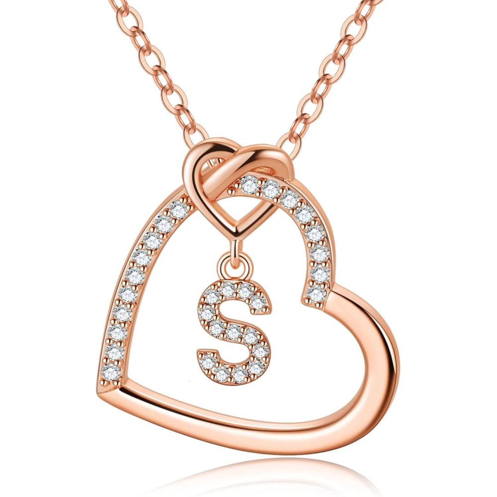 imageM MOOHAM Stocking Stuffers for Teen Girls Women Heart Initial Necklaces for Girls Teen Women Cubic Zirconia Heart Pendant Necklace Dainty Initial Necklace Letter A Z Jewelry Christmas GiftsRoseGoldPlated