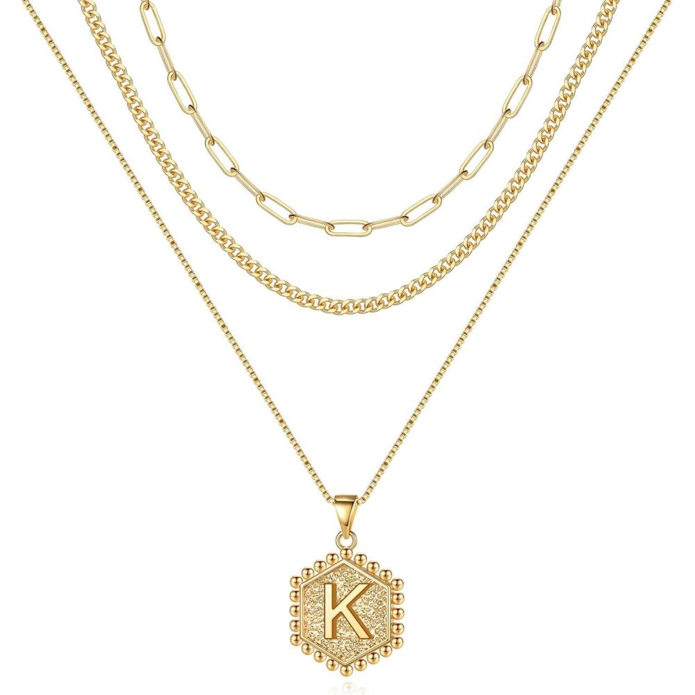 imageMOOHAM Layered Initial Necklaces 14K Real Gold Plated Layered Necklace Initial Necklace Paperclip Chain for Women