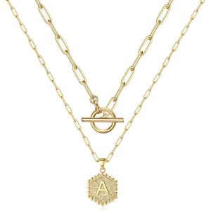 M MOOHAM Gold Initial Necklaces for Women, 14K Real Gold Plated Layered Initial Necklace Hexagon Pendant Toggle Clasp Layering Gold Chain Necklaces for Women Gold Layered Choker Necklaces for Women