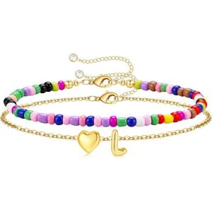 M MOOHAM Initial Bracelets for Women – 14K Gold Plated Dainty Heart Letter A-Z Bracelet Colorful Beaded Initial Bracelet Layered Bracelets Jewelry Gifts for Women Lover Bridesmaids Friends(L)