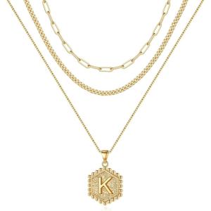 MOOHAM Layered Initial Necklaces – 14K Real Gold Plated Layered Necklace Initial Necklace Paperclip Chain for Women