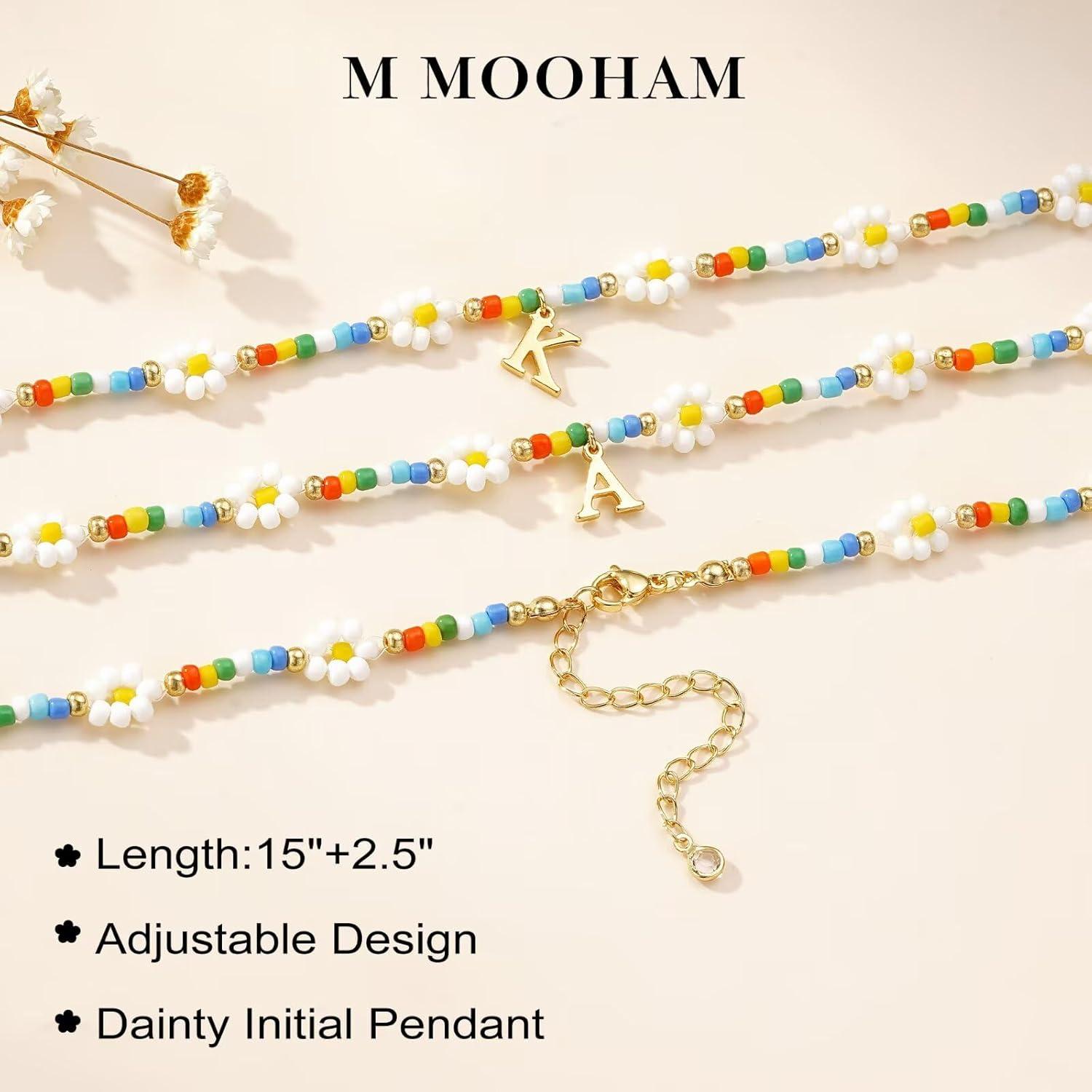 imageM MOOHAM Beaded Necklaces for Women Daisy Flower Beaded Initial M Choker Necklace for Women Colorful Handmade Cute Necklaces Summer Beach Choker Necklace Birthday Gifts Jewelry Gifts