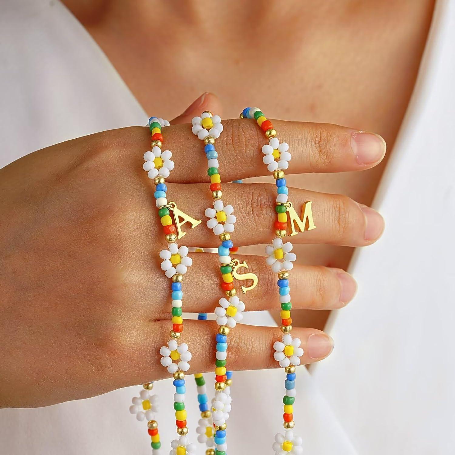 imageM MOOHAM Initial Necklaces for Women Beaded Daisy Flower Choker Necklace for women Colorful Handmade Letter Initial L Cute Beaded Necklaces Summer Beach Choker Necklace Birthday Gifts Jewelry Gifts