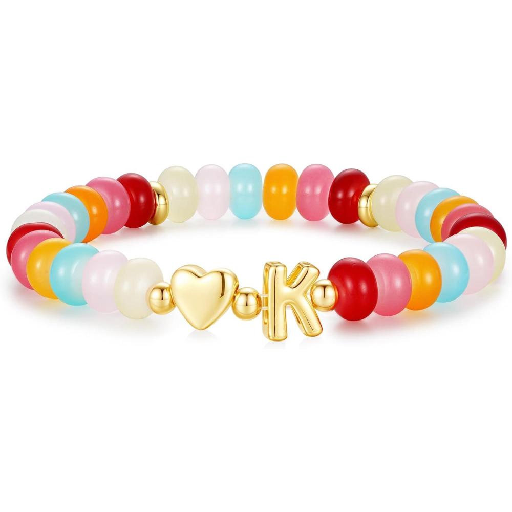 imageM MOOHAM Colorful Beaded Initial Bracelet for Women  Dainty Beaded Bracelets for Women Trendy Charm Letter AZ Personalized Heart Jewelry GiftsK