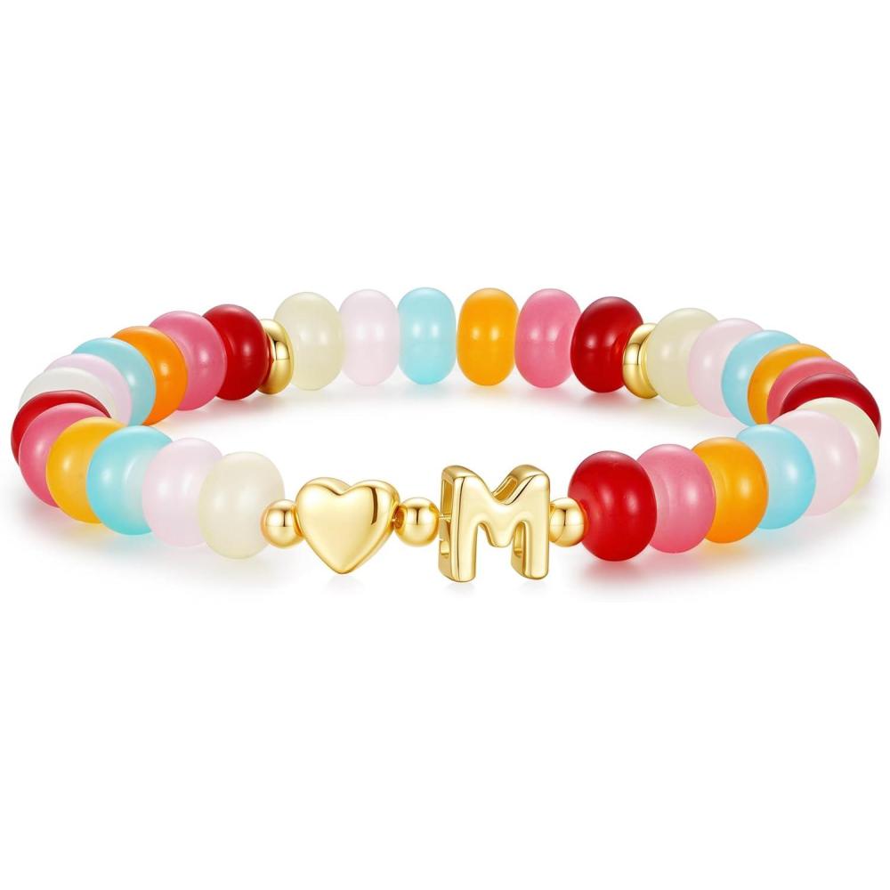 imageM MOOHAM Colorful Beaded Initial Bracelet for Women Dainty Beaded Bracelets for Women Trendy Charm Letter AZ Personalized Heart Jewelry GiftsM