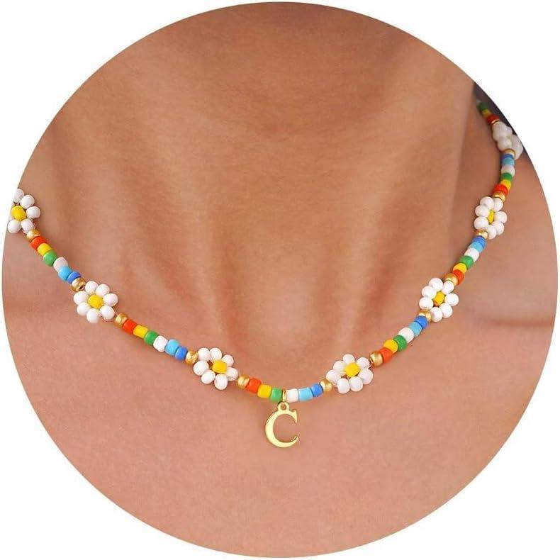 imageM MOOHAM Flower Necklace  Daisy Flower Beaded Initial Letter C Necklaces for Women Colorful Handmade Cute Beaded Necklaces Summer Beach Choker Necklace Birthday Gifts Jewelry Gifts