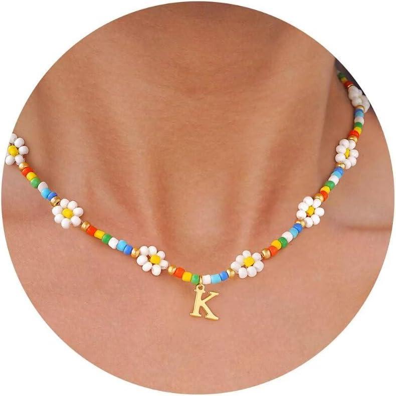 imageM MOOHAM Flower Necklace  Daisy Flower Beaded Initial Letter K Necklaces for Women Colorful Handmade Cute Beaded Choker Necklaces Summer Beach Choker Necklace Birthday Gifts Jewelry Gifts