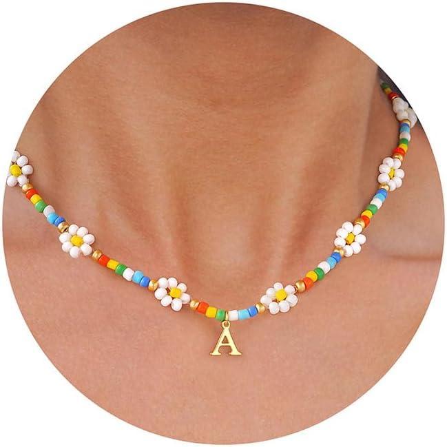 imageM MOOHAM Initial Necklaces for Women Beaded Daisy Flower Choker Necklace for women Colorful Handmade Letter Initial A Cute Beaded Necklaces Summer Beach Choker Necklace Birthday Gifts Jewelry Gifts