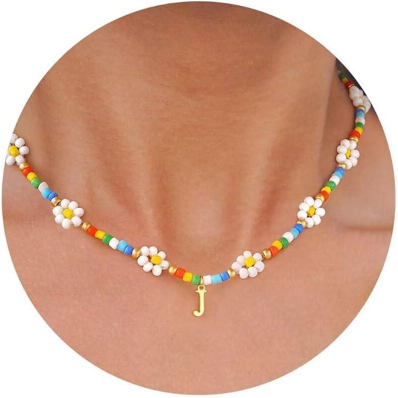 imageM MOOHAM Initial Necklaces for Women  Beaded Daisy Flower Choker Necklace for women Colorful Handmade Letter Initial J Cute Beaded Necklaces Summer Beach Choker Necklace Birthday Gifts Jewelry Gifts