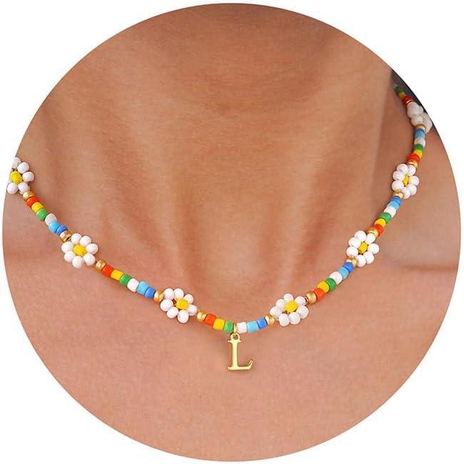imageM MOOHAM Initial Necklaces for Women Beaded Daisy Flower Choker Necklace for women Colorful Handmade Letter Initial L Cute Beaded Necklaces Summer Beach Choker Necklace Birthday Gifts Jewelry Gifts