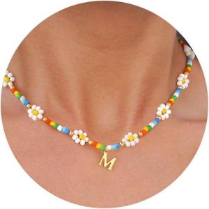 M MOOHAM Beaded Necklaces for Women – Daisy Flower Beaded Initial M Choker Necklace for Women Colorful Handmade Cute Necklaces Summer Beach Choker Necklace Birthday Gifts Jewelry Gifts