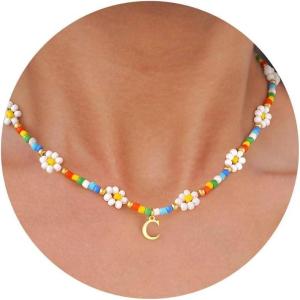 M MOOHAM Flower Necklace – Daisy Flower Beaded Initial Letter C Necklaces for Women Colorful Handmade Cute Beaded Necklaces Summer Beach Choker Necklace Birthday Gifts Jewelry Gifts