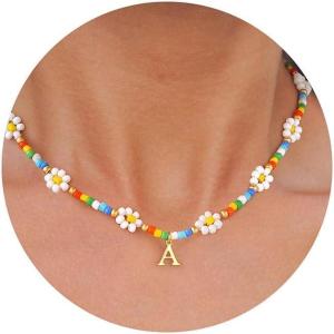 M MOOHAM Initial Necklaces for Women – Beaded Daisy Flower Choker Necklace for women Colorful Handmade Letter Initial A Cute Beaded Necklaces Summer Beach Choker Necklace Birthday Gifts Jewelry Gifts