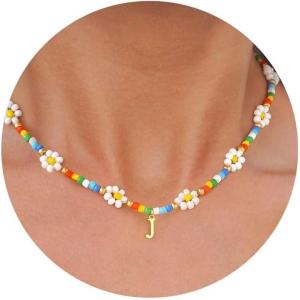 M MOOHAM Initial Necklaces for Women – Beaded Daisy Flower Choker Necklace for women Colorful Handmade Letter Initial J Cute Beaded Necklaces Summer Beach Choker Necklace Birthday Gifts Jewelry Gifts