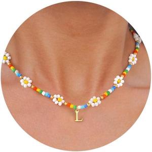 M MOOHAM Initial Necklaces for Women – Beaded Daisy Flower Choker Necklace for women Colorful Handmade Letter Initial L Cute Beaded Necklaces Summer Beach Choker Necklace Birthday Gifts Jewelry Gifts