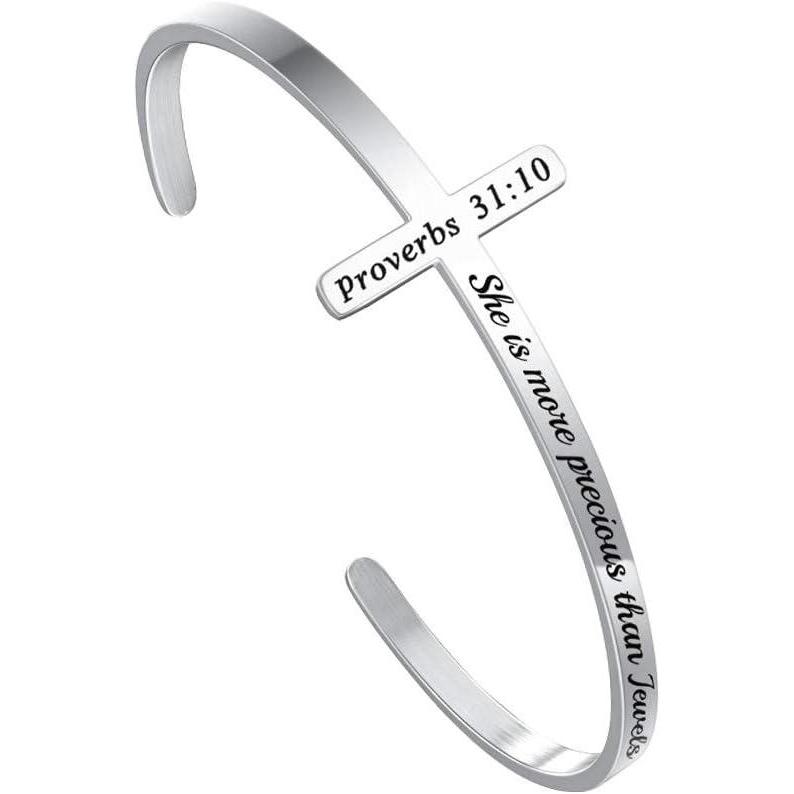 imageM MOOHAM Cross Bracelet Christian Gifts for Women Engraved Quote Religious Cuff Bangle Bible Verse Jewelry Gift for Women Confirmation Baptism Gifts Christian BraceletShe is more precious than jewels