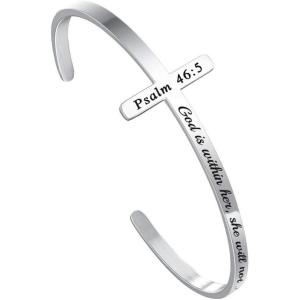 M MOOHAM Cross Bracelet Christian Gifts for Women – Engraved Quote Religious Cuff Bangle Bible Verse Jewelry Gift for Women Confirmation Baptism Gifts Christian Bracelet(God is within her she will not fall)