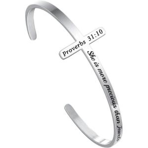 M MOOHAM Cross Bracelet Christian Gifts for Women – Engraved Quote Religious Cuff Bangle Bible Verse Jewelry Gift for Women Confirmation Baptism Gifts Christian Bracelet(She is more precious than jewels)