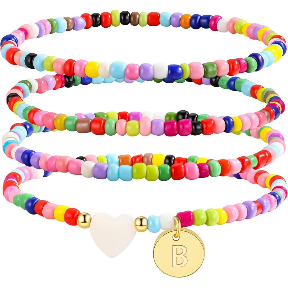 imageM MOOHAM Valentines Day Gift 4PCS Initial Bracelets for Women Girls Colorful Beaded Bracelet Heart Initial Bracelet for Women Stackable Layered Boho Bracelets Jewelry Gifts for Kids Teen GirlB