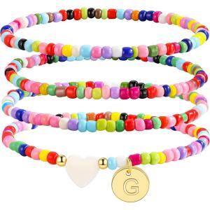 M MOOHAM Valentines Day Gift – 4PCS Initial Bracelets for Women Girls, Colorful Beaded Bracelet Heart Initial Bracelet for Women Stackable Layered Boho Bracelets Jewelry Gifts for Kids Teen Girl(G)