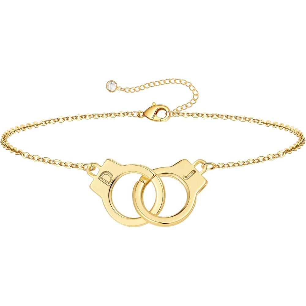 imageM MOOHAM Couple Bracelets Gifts for Women Gift for Mother Daughter Sister Couples Friendship Bracelets 14K Gold Plated Double Letter Handcuff Bracelet Jewelry Personalized Birthday GiftsD J