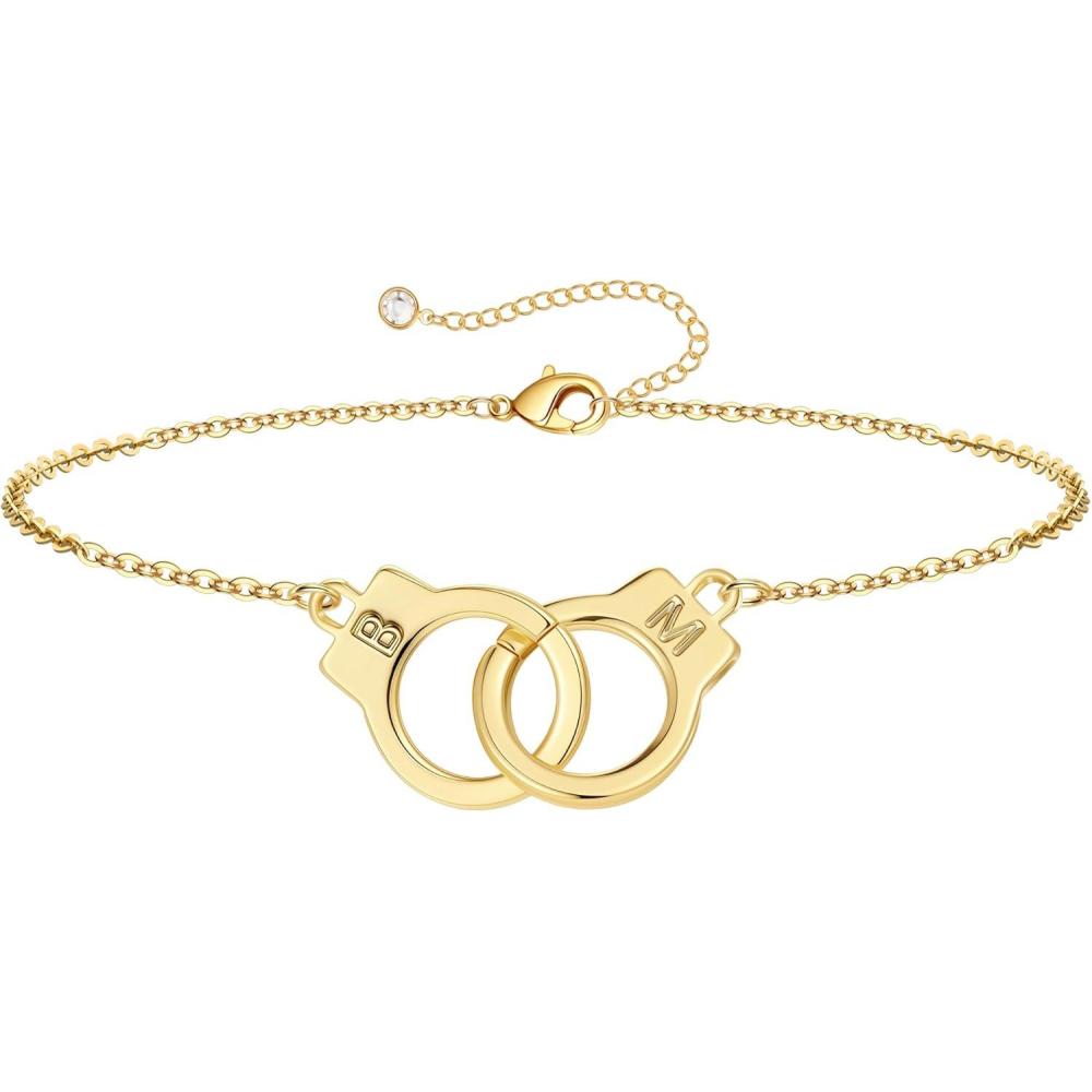 imageM MOOHAM Couple Bracelets Gifts for Women Gift for Mother Daughter Sister Couples Friendship Bracelets 14K Gold Plated Double Letter Handcuff Bracelet Jewelry Personalized Birthday GiftsB M