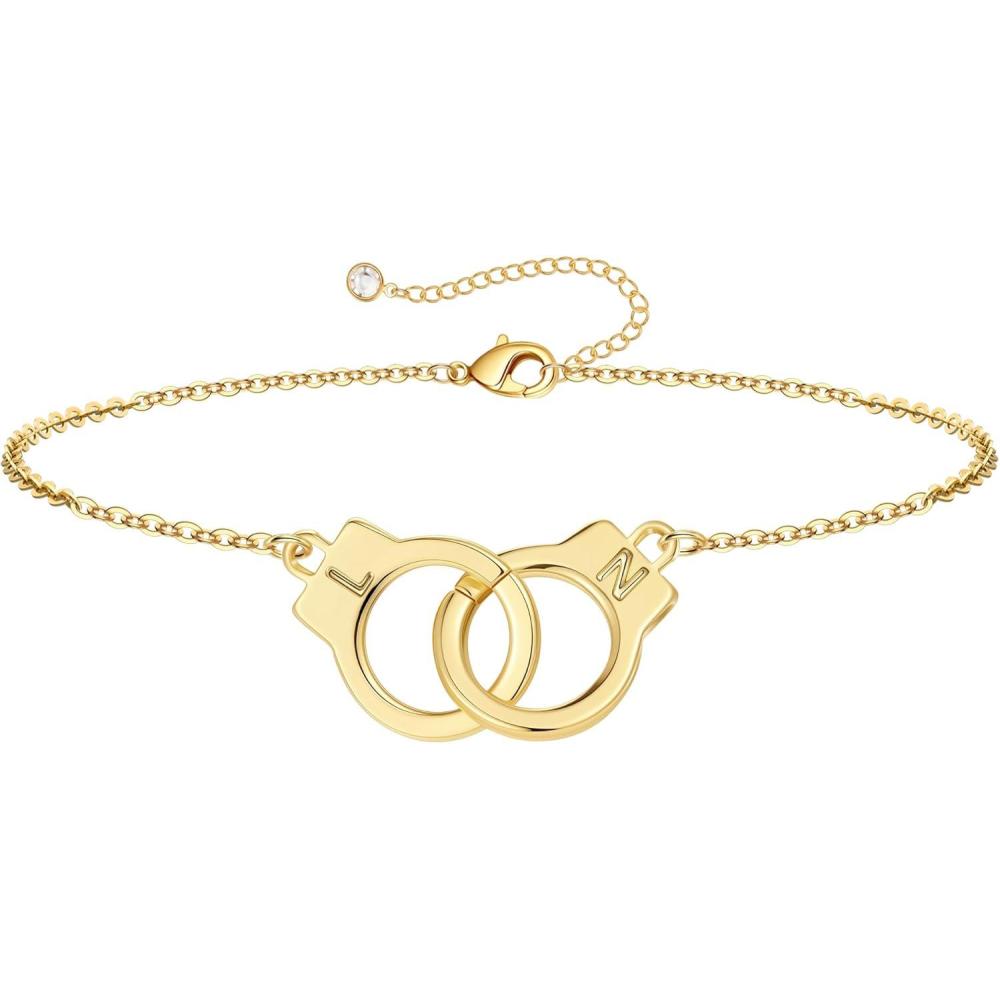 imageM MOOHAM Couple Bracelets Gifts for Women Gift for Mother Daughter Sister Couples Friendship Bracelets 14K Gold Plated Double Letter Handcuff Bracelet Jewelry Personalized Birthday GiftsL N