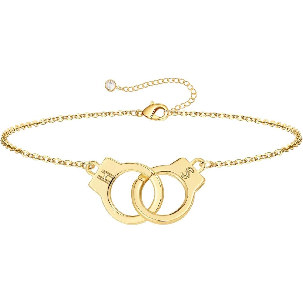 imageM MOOHAM Couple Bracelets Gifts for Women Gift for Mother Daughter Sister Couples Friendship Bracelets 14K Gold Plated Double Letter Handcuff Bracelet Jewelry Personalized Birthday GiftsH S