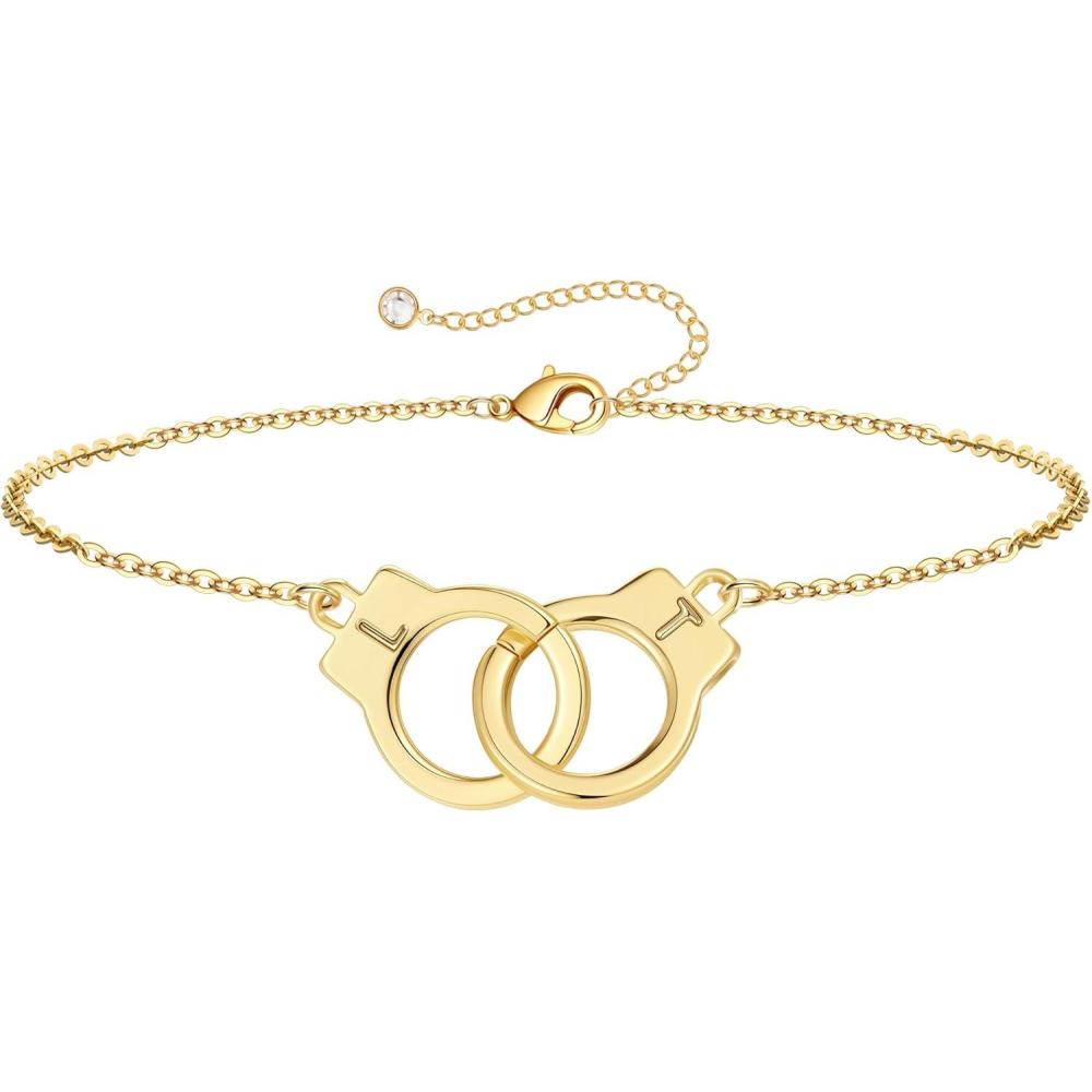 imageM MOOHAM Couple Bracelets Gifts for Women Gift for Mother Daughter Sister Couples Friendship Bracelets 14K Gold Plated Double Letter Handcuff Bracelet Jewelry Personalized Birthday GiftsL T