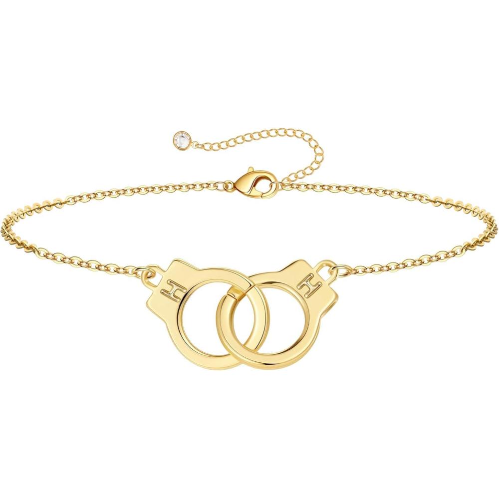 imageM MOOHAM Couple Bracelets Gifts for Women Gift for Mother Daughter Sister Couples Friendship Bracelets 14K Gold Plated Double Letter Handcuff Bracelet Jewelry Personalized Birthday GiftsH H
