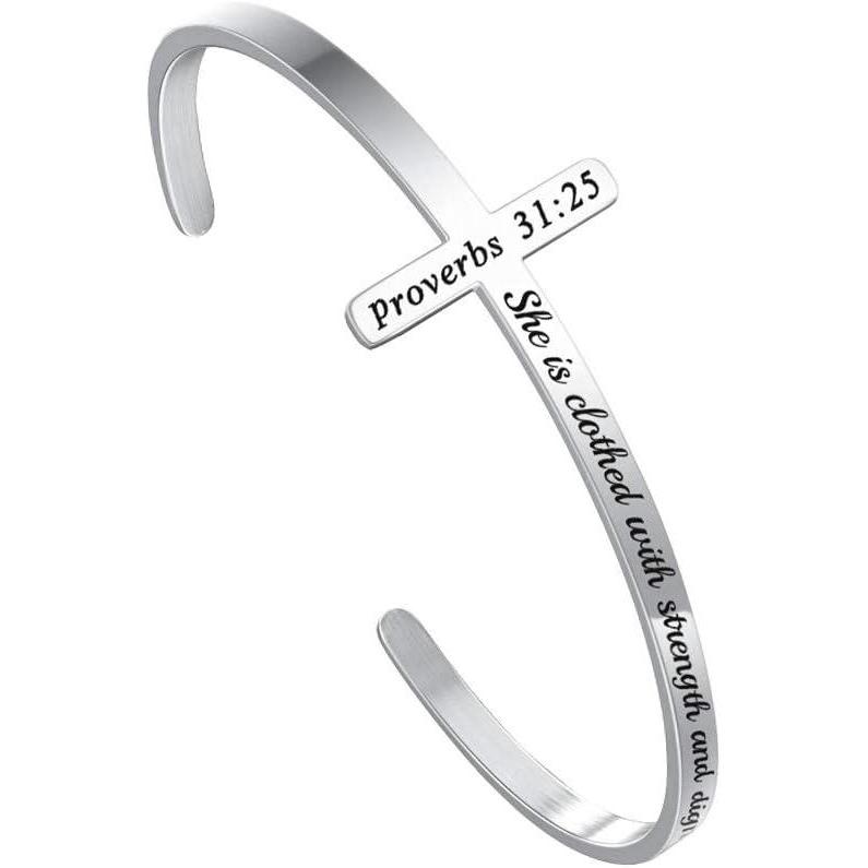 imageM MOOHAM Cross Bracelet Christian Gifts for Women Engraved Quote Religious Cuff Bangle Bible Verse Jewelry Gift for Women Confirmation Baptism Gifts Christian BraceletShe is clothed with strength and dignity and laughs without fear of the future