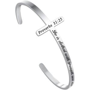 M MOOHAM Cross Bracelet Christian Gifts for Women – Engraved Quote Religious Cuff Bangle Bible Verse Jewelry Gift for Women Confirmation Baptism Gifts Christian Bracelet(“She is clothed with strength and dignity and laughs without fear of the future)