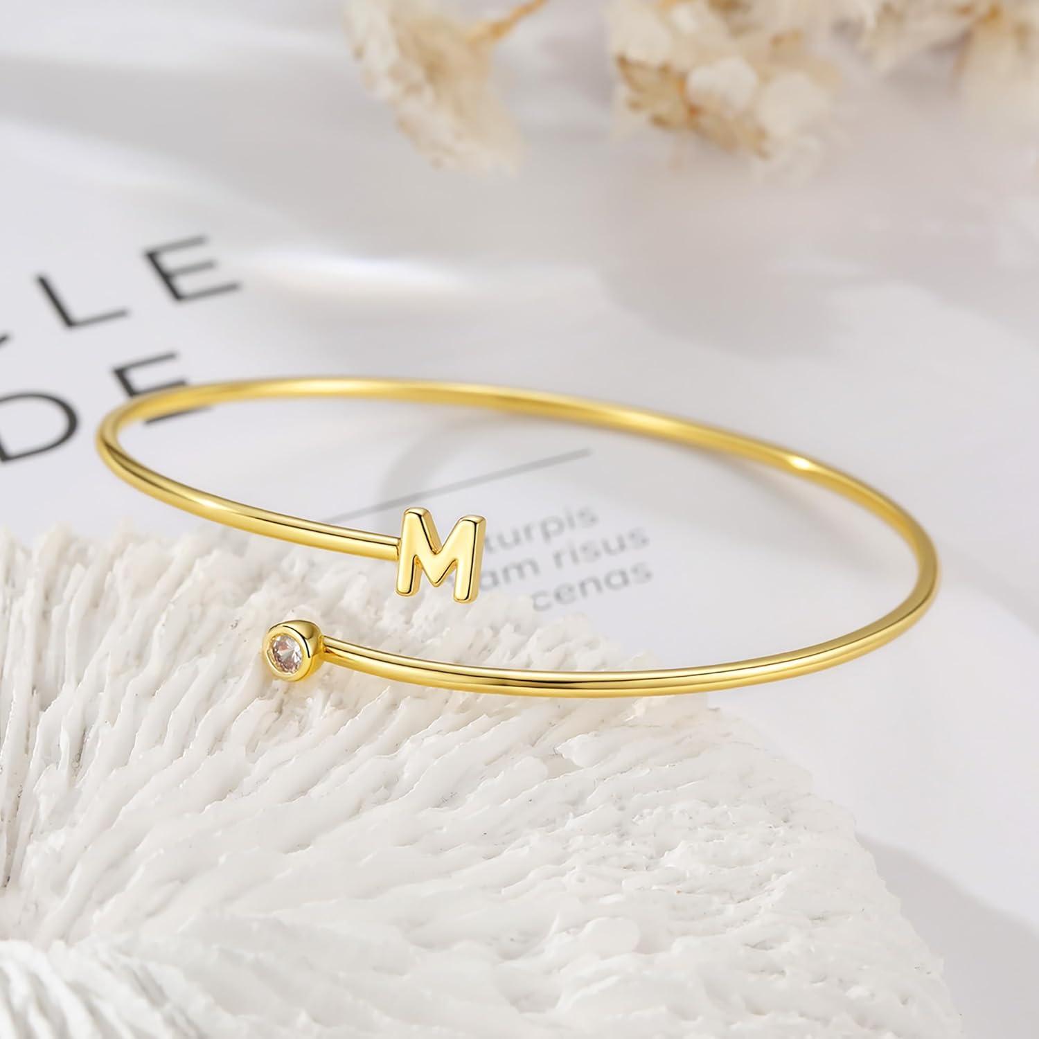 imageM MOOHAM Valentines Day Gifts for Kids Teen Girls Gold Initial Bracelets for Women Girls Non Tarnish 14K Gold Plated Letter AZ Adjustable Bangle Bracelets Dainty Cuff Bracelet Personalized GiftsB