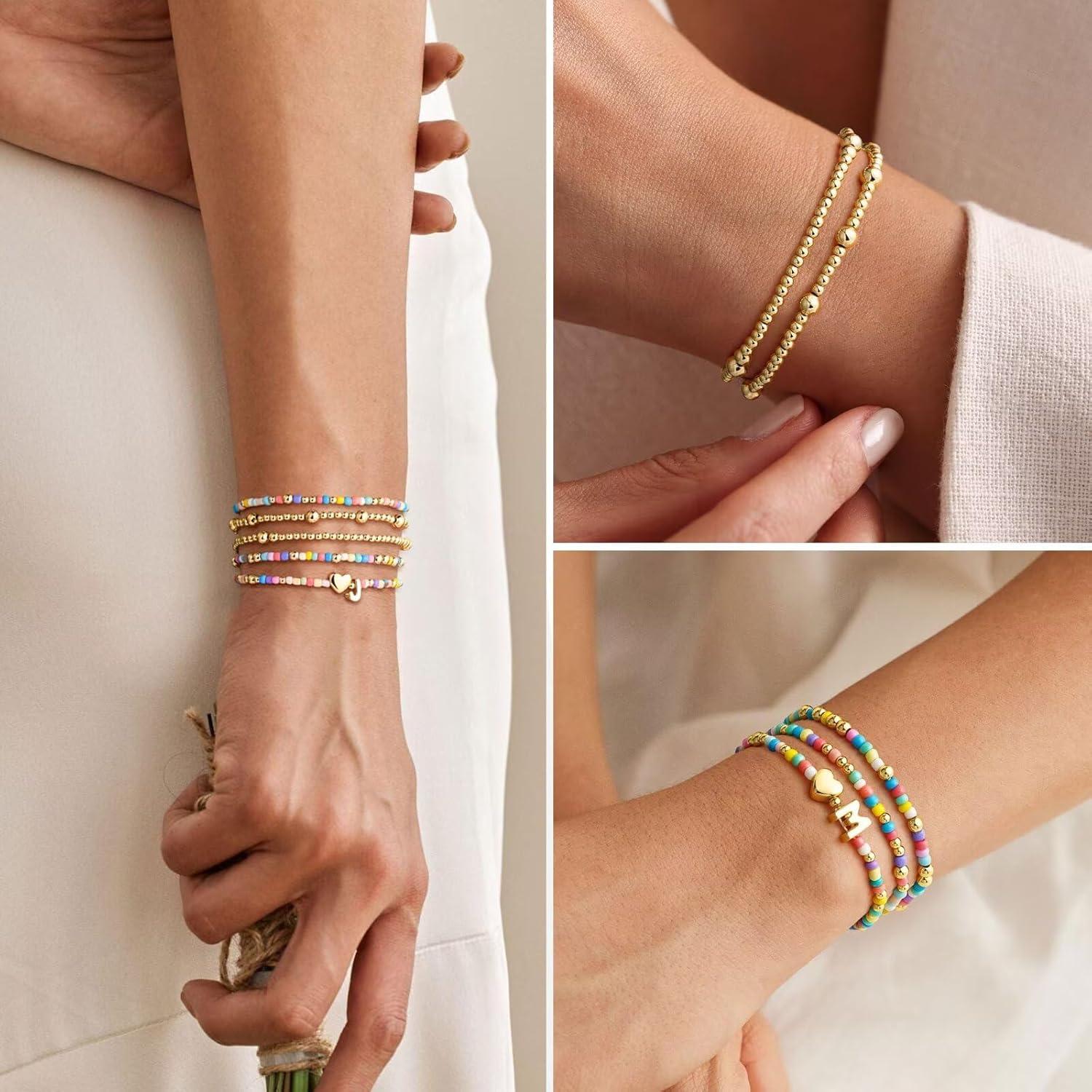 imageM MOOHAM Valentines Gifts for Kids Her Women 5PCS Colorful Beaded Bracelets Heart Initial Bracelet GoldPlated Stackable Bracelet Jewelry Set Valentines Gifts for Kids Her Women ToddlerL