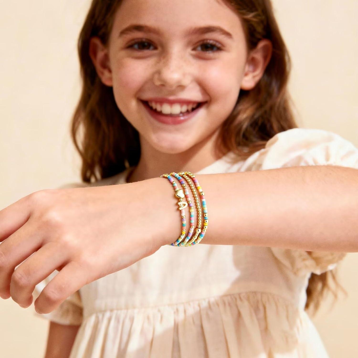 imageM MOOHAM Valentines Gifts for Kids Her Women 5PCS Colorful Beaded Bracelets Heart Initial Bracelet GoldPlated Stackable Bracelet Jewelry Set Valentines Gifts for Kids Her Women ToddlerD