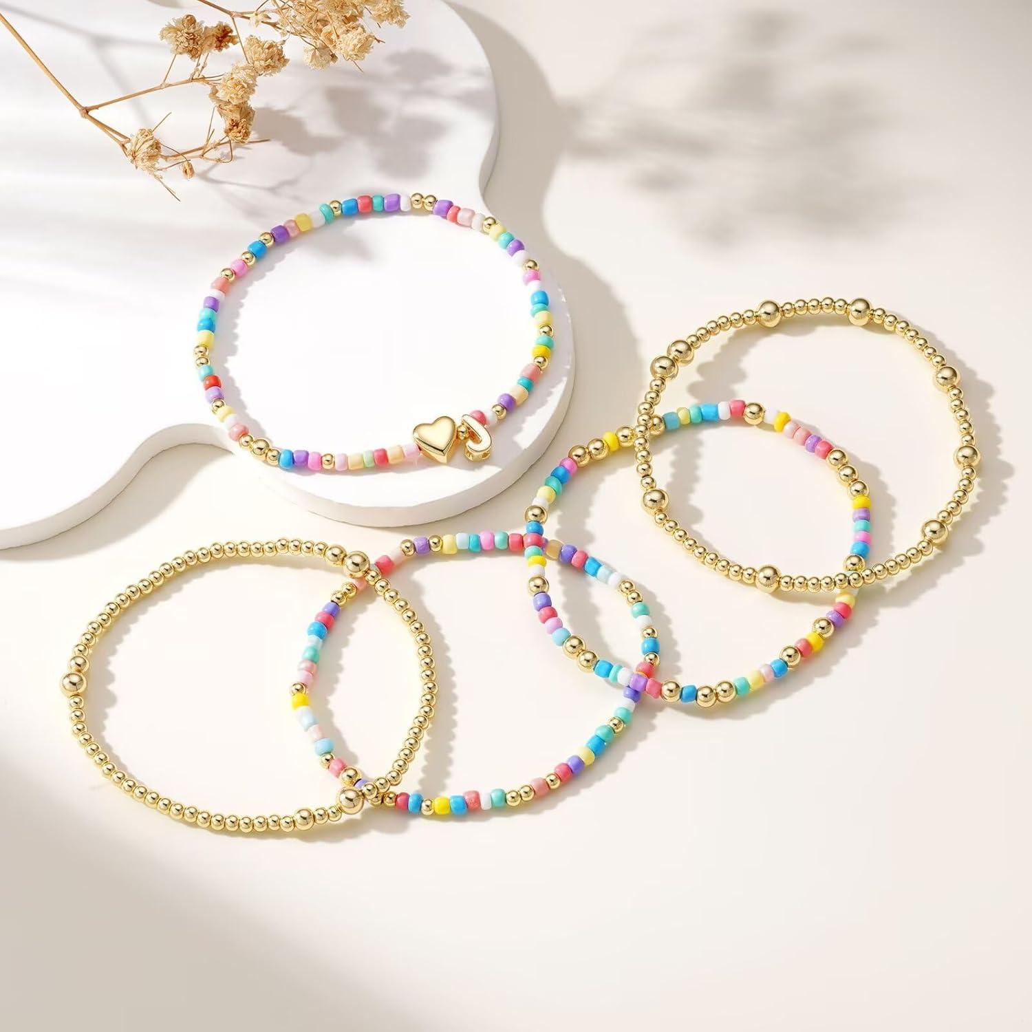 imageM MOOHAM Valentines Gifts for Kids Her Women 5PCS Colorful Beaded Bracelets Heart Initial Bracelet GoldPlated Stackable Bracelet Jewelry Set Valentines Gifts for Kids Her Women ToddlerH