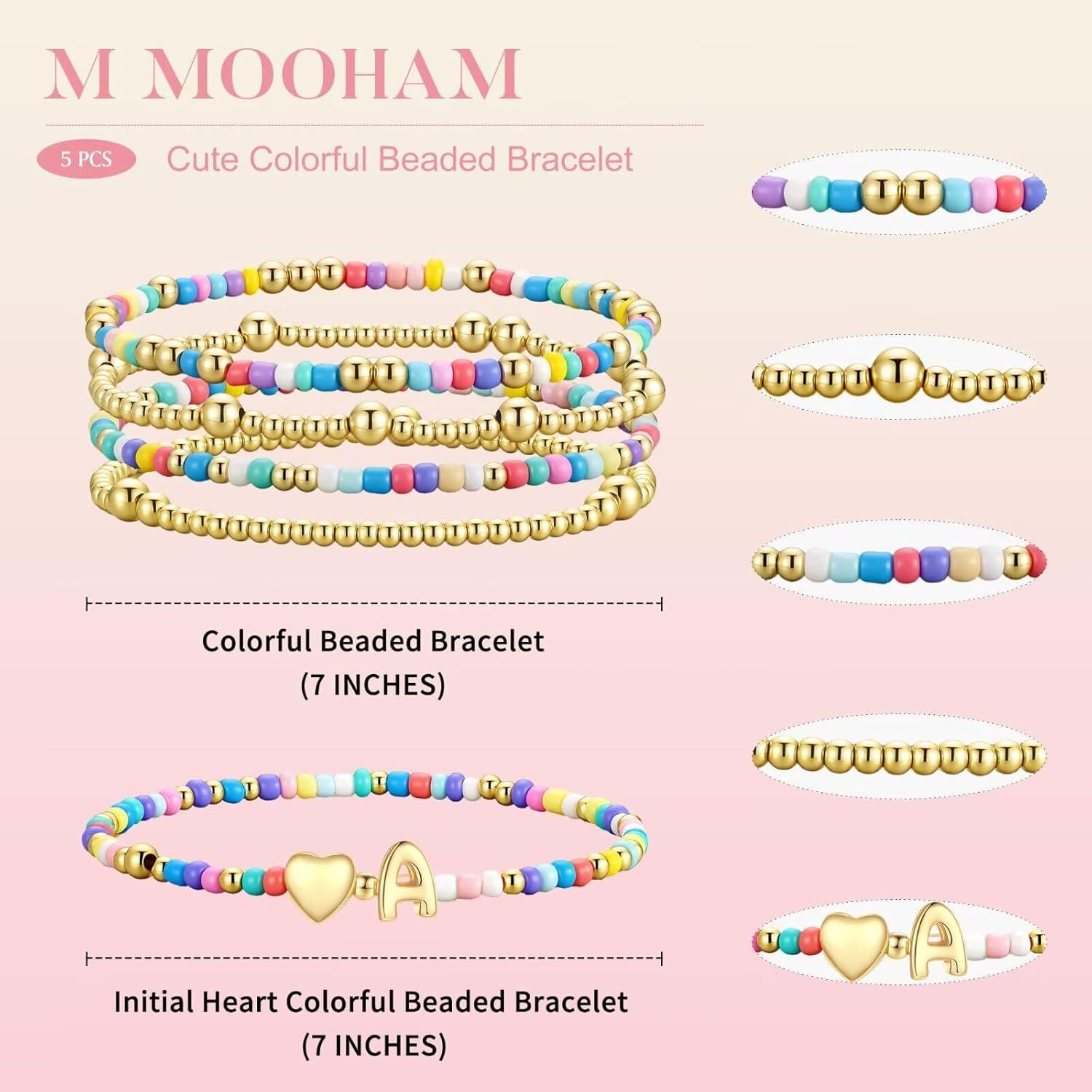 imageM MOOHAM Valentines Gifts for Kids Her Women 5PCS Colorful Beaded Bracelets Heart Initial Bracelet GoldPlated Stackable Bracelet Jewelry Set Valentines Gifts for Kids Her Women ToddlerE