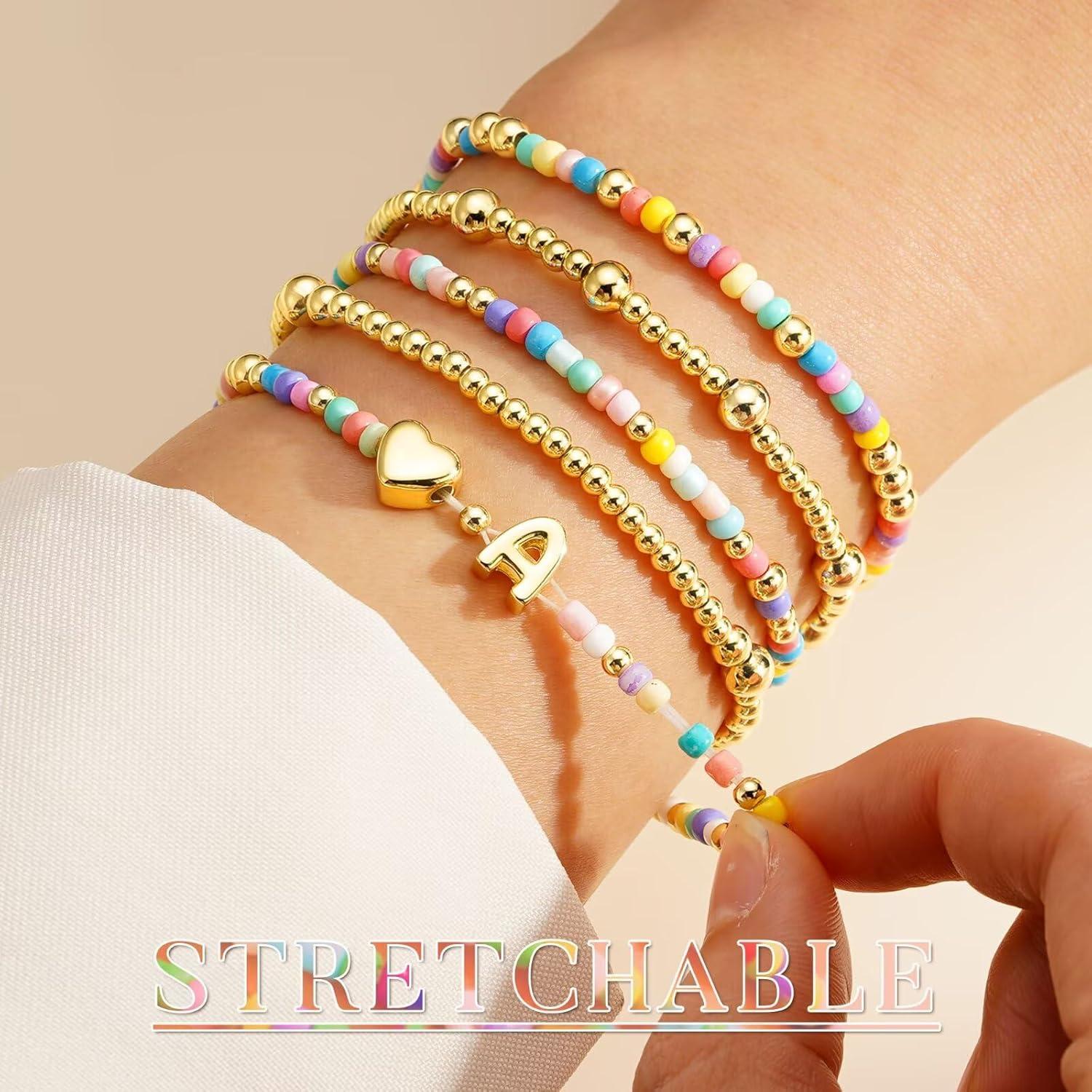 imageM MOOHAM Valentines Gifts for Kids Her Women 5PCS Colorful Beaded Bracelets Heart Initial Bracelet GoldPlated Stackable Bracelet Jewelry Set Valentines Gifts for Kids Her Women ToddlerS