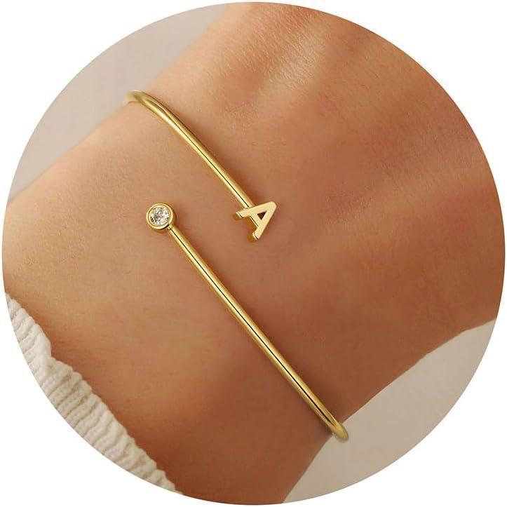 imageM MOOHAM Valentines Day Gifts for Kids Teen Girls Gold Initial Bracelets for Women Girls Non Tarnish 14K Gold Plated Letter AZ Adjustable Bangle Bracelets Dainty Cuff Bracelet Personalized GiftsA