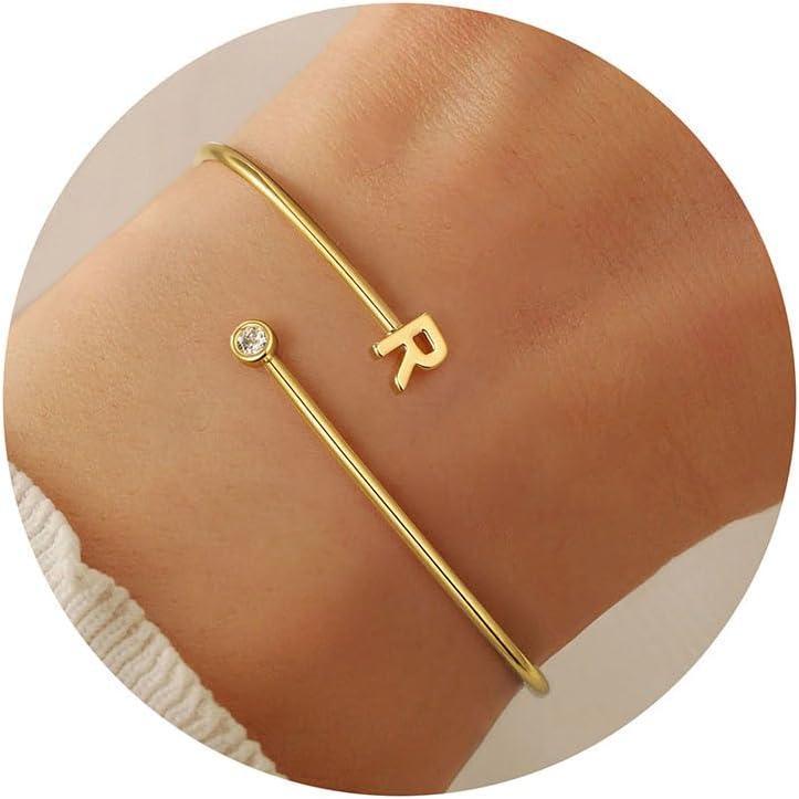 imageM MOOHAM Valentines Day Gifts for Kids Teen Girls  Gold Initial Bracelets for Women Girls Non Tarnish 14K Gold Plated Letter AZ Adjustable Bangle Bracelets Dainty Cuff Bracelet Personalized GiftsR