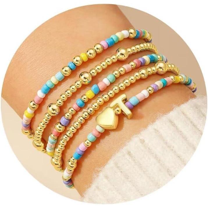 imageM MOOHAM Valentines Gifts for Kids Her Women 5PCS Colorful Beaded Bracelets Heart Initial Bracelet GoldPlated Stackable Bracelet Jewelry Set Valentines Gifts for Kids Her Women ToddlerT