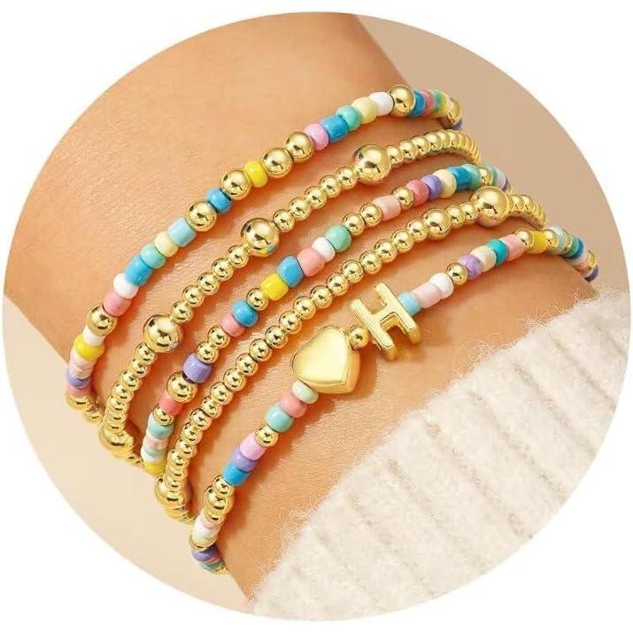 imageM MOOHAM Valentines Gifts for Kids Her Women 5PCS Colorful Beaded Bracelets Heart Initial Bracelet GoldPlated Stackable Bracelet Jewelry Set Valentines Gifts for Kids Her Women ToddlerH