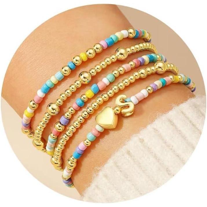 imageM MOOHAM Valentines Gifts for Kids Her Women 5PCS Colorful Beaded Bracelets Heart Initial Bracelet GoldPlated Stackable Bracelet Jewelry Set Valentines Gifts for Kids Her Women ToddlerS