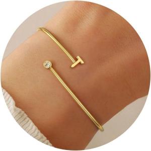 M MOOHAM Valentines Day Gifts for Kids Teen Girls – Gold Initial Bracelets for Women Girls, Non Tarnish 14K Gold Plated Letter A-Z Adjustable Bangle Bracelets Dainty Cuff Bracelet, Personalized Gifts(T)