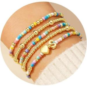 M MOOHAM Valentines Gifts for Kids Her Women – 5PCS Colorful Beaded Bracelets Heart Initial Bracelet Gold-Plated Stackable Bracelet Jewelry Set Valentines Gifts for Kids Her Women Toddler(S)