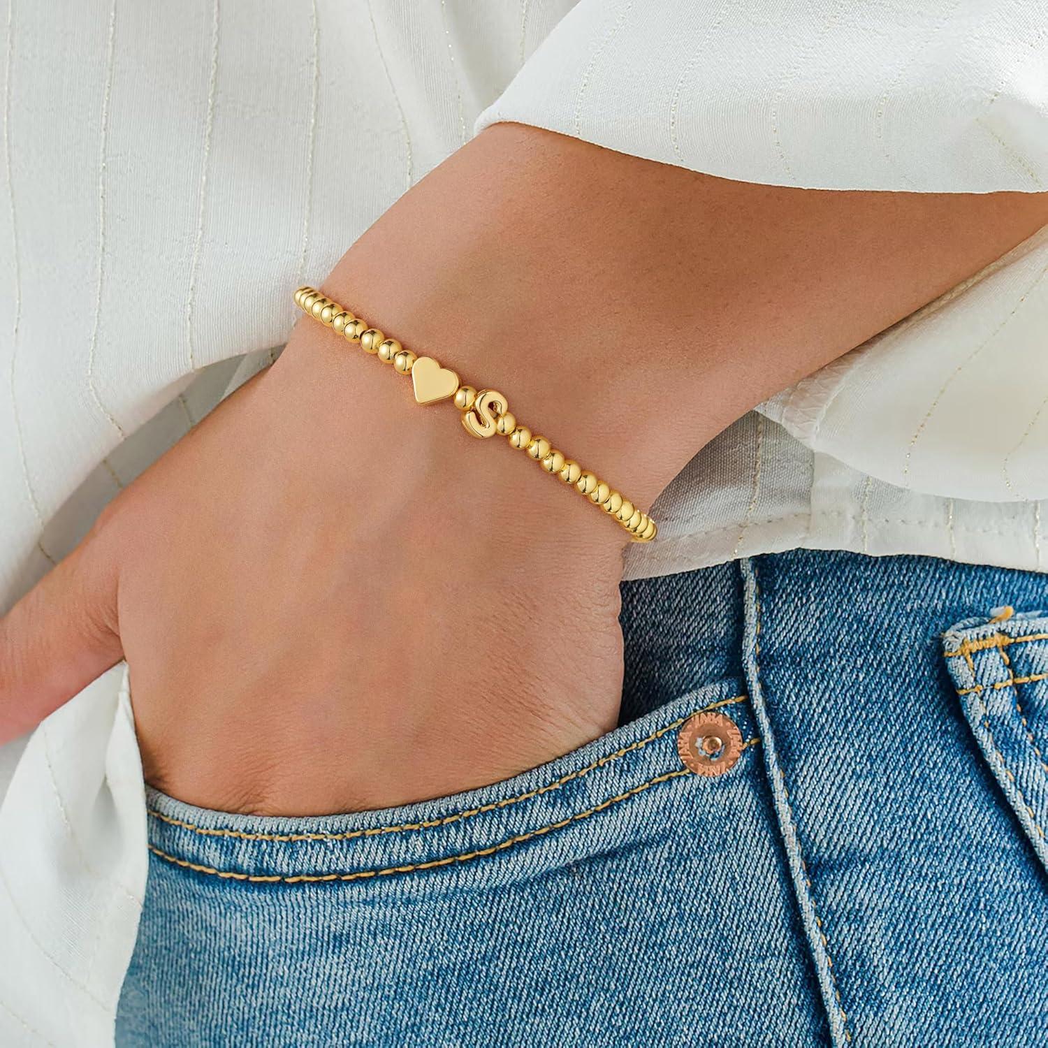 imageM MOOHAM Gold Beaded Bracelets Heart Initial Bracelets amp Cross Initial Bracelets Letter S