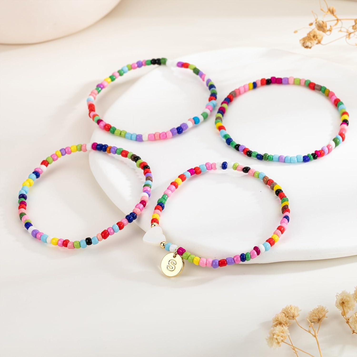 imageM MOOHAM Valentines Day Gifts for Kids Teen Girl Beaded Initial Bracelets for Women Girls 4PCS Colorful Beaded Bracelet Heart Initial Bracelet for Women Layered Bracelets Jewelry Birthday GiftsW
