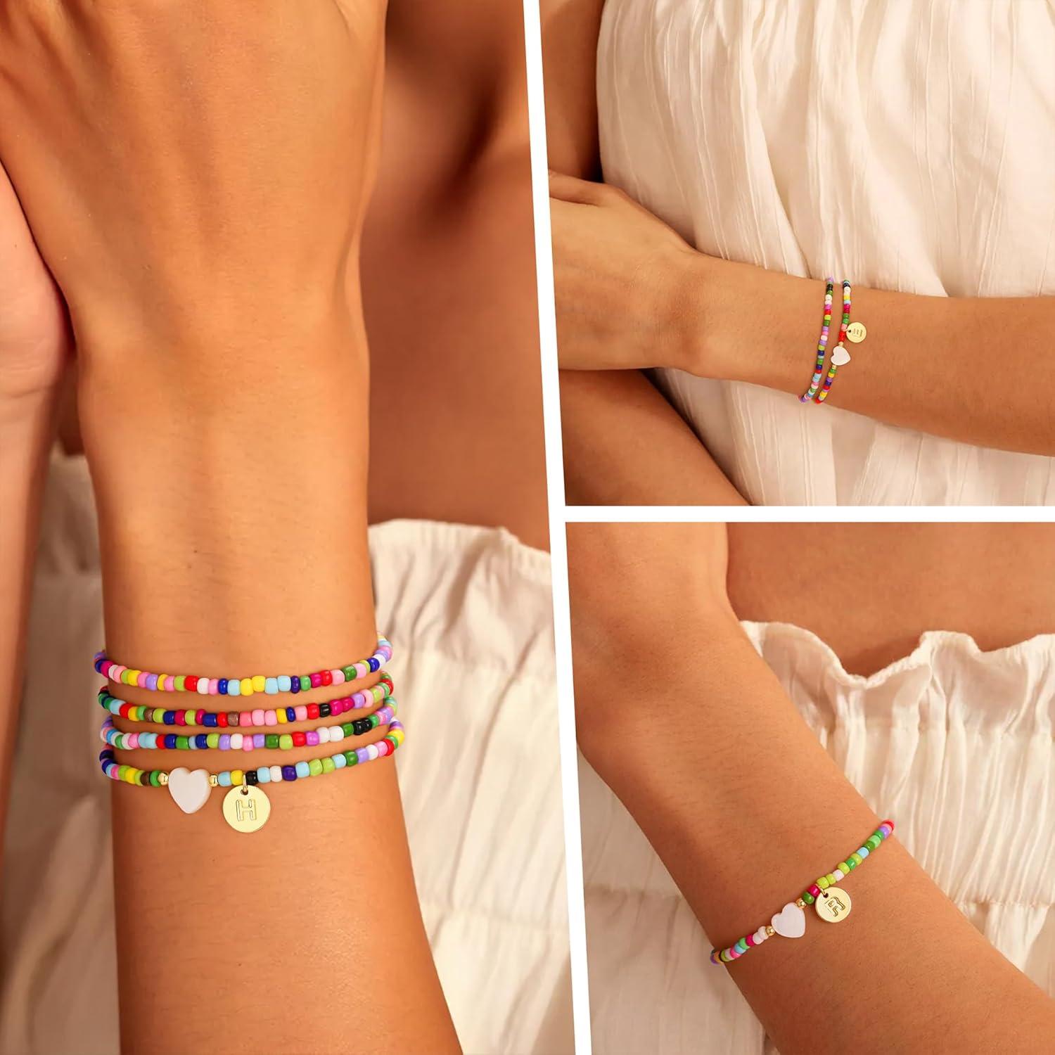 imageM MOOHAM Valentines Day Gifts for Kids Teen Girl Beaded Initial Bracelets for Women Girls 4PCS Colorful Beaded Bracelet Heart Initial Bracelet for Women Layered Bracelets Jewelry Birthday GiftsI