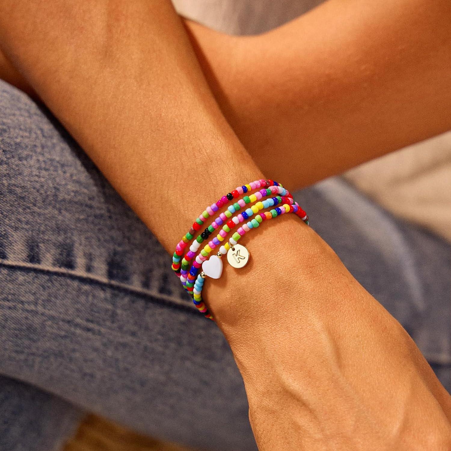 imageM MOOHAM Valentines Day Gifts for Kids Teen Girl Beaded Initial Bracelets for Women Girls 4PCS Colorful Beaded Bracelet Heart Initial Bracelet for Women Layered Bracelets Jewelry Birthday GiftsM