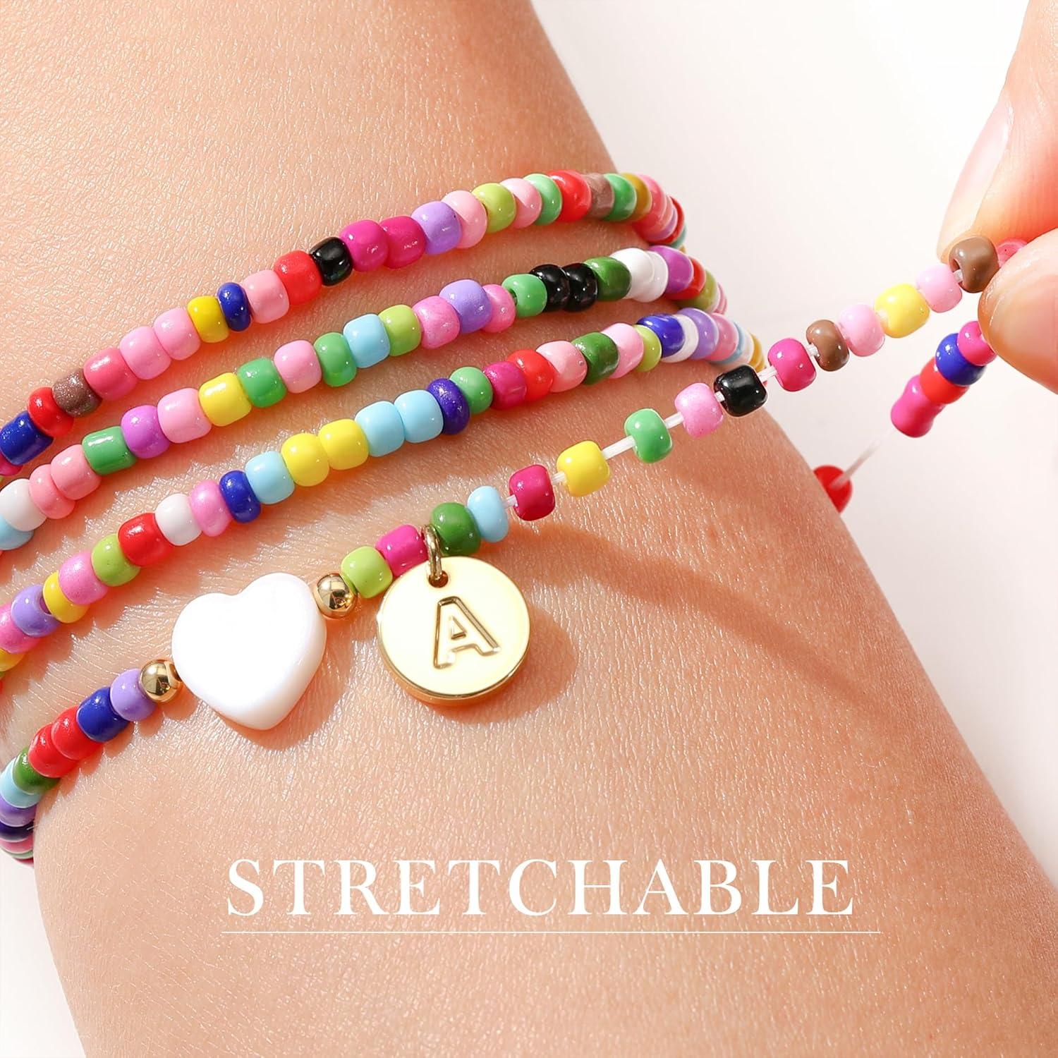 imageM MOOHAM Valentines Day Gifts for Kids Teen Girl Beaded Initial Bracelets for Women Girls 4PCS Colorful Beaded Bracelet Heart Initial Bracelet for Women Layered Bracelets Jewelry Birthday GiftsH